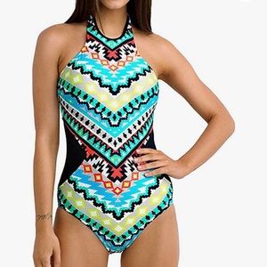 Farysays Retro Boho High Neck Low Cut Back One Piece Swim Suit Size M